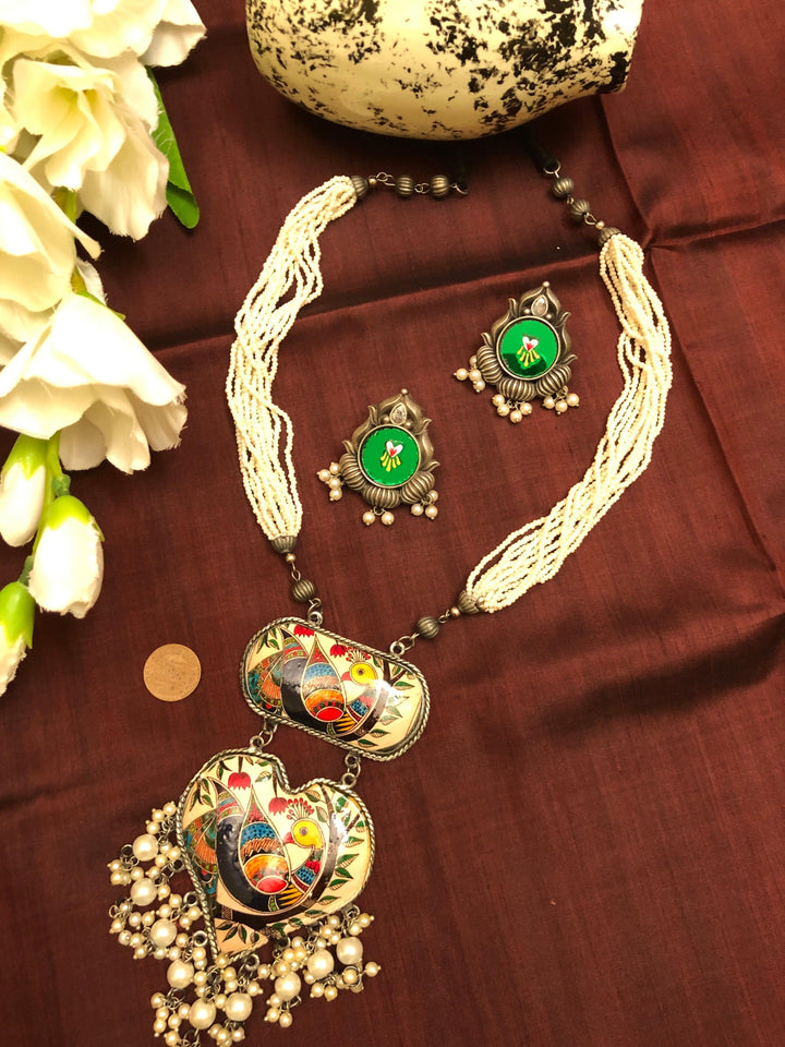 Old Metal Long Collar Shelley Necklace Set with Hand Paint