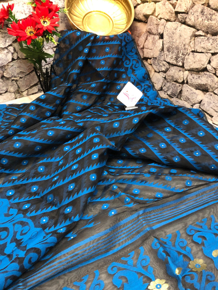Onyx Black and Blue Color Jamdani Saree