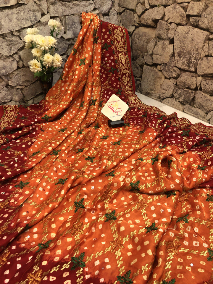 Orange Candy Color Ghazi Silk Gharchola Saree with Hand Bandhej and Mirror Work