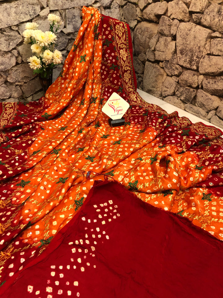 Orange Candy Color Ghazi Silk Gharchola Saree with Hand Bandhej and Mirror Work