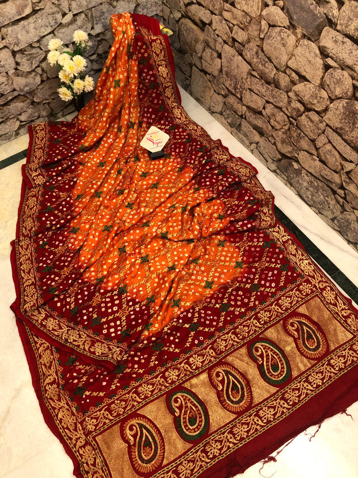 Orange Candy Color Ghazi Silk Gharchola Saree with Hand Bandhej and Mirror Work