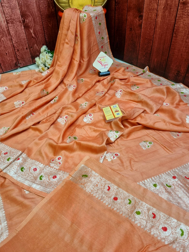 Peach Color Tussar Georgette Banarasi Saree with Silver Zari and Meenakari Work