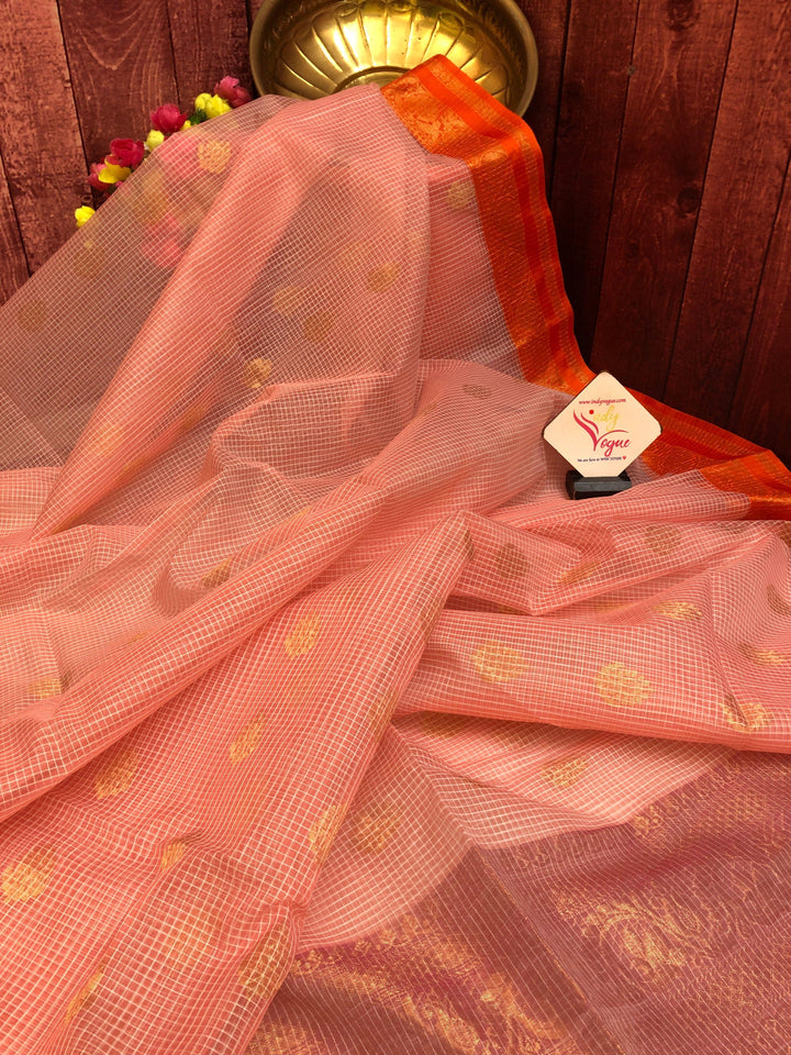 Peach Pink Color Resham Kota Handloom Saree with Ganga Jamuna Border