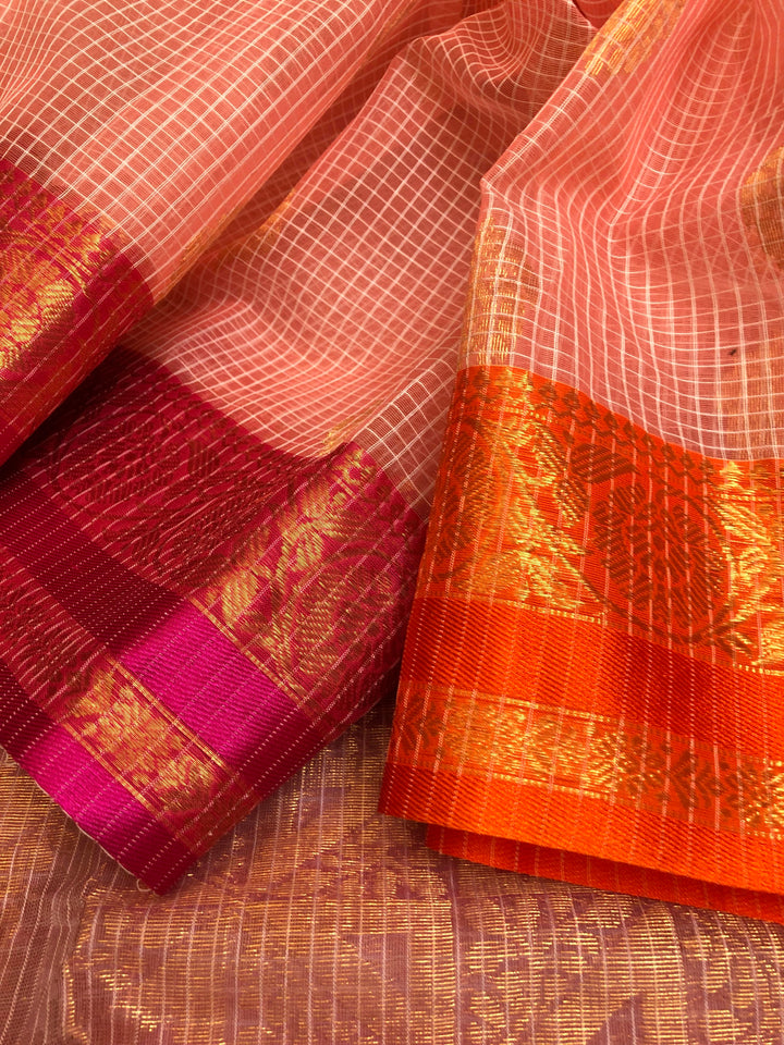 Peach Pink Color Resham Kota Handloom Saree with Ganga Jamuna Border