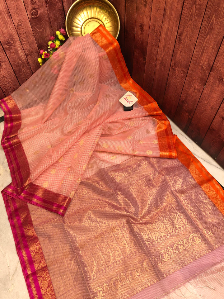 Peach Pink Color Resham Kota Handloom Saree with Ganga Jamuna Border