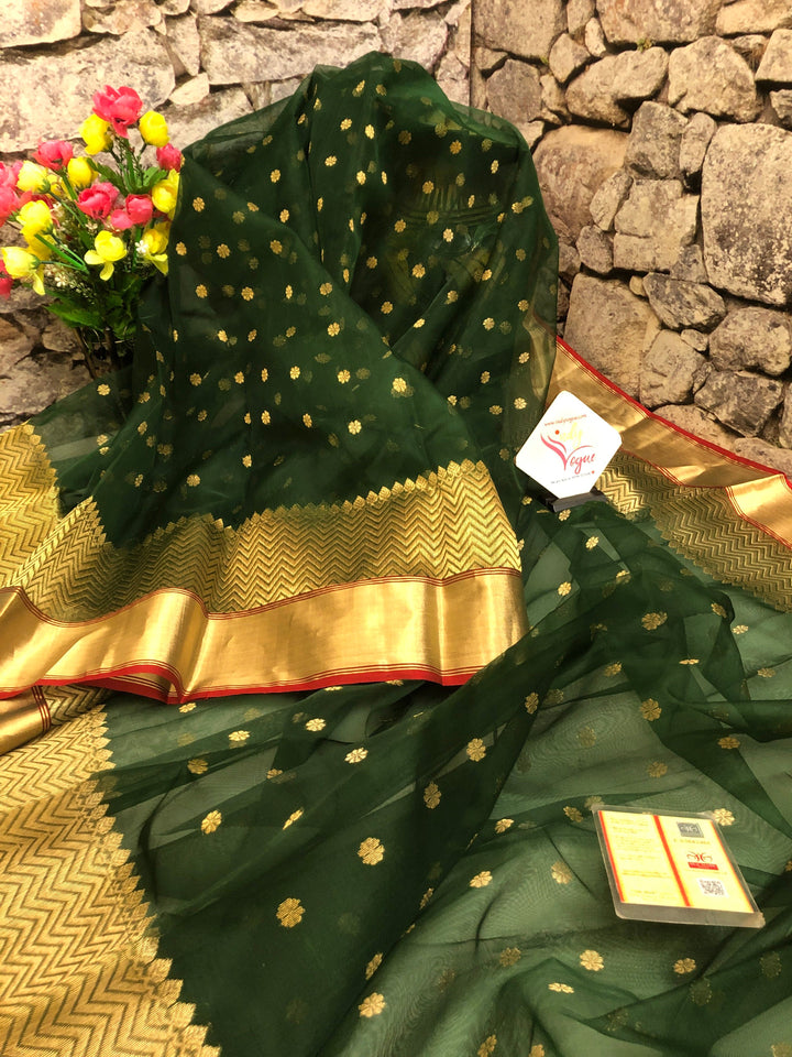 Pine Green Color Chanderi Banarasi Silk Saree
