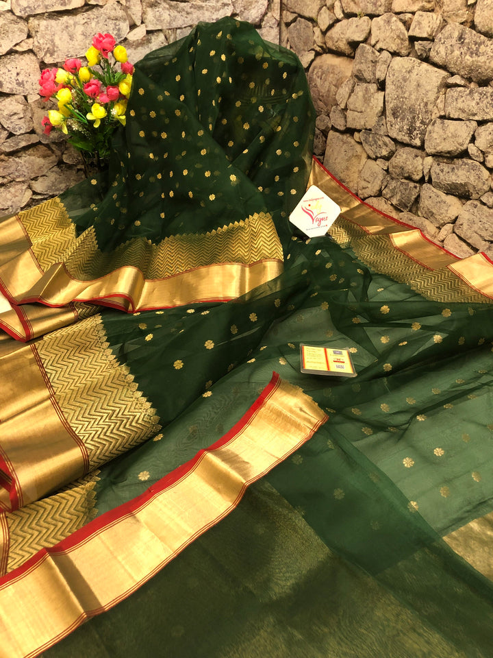 Pine Green Color Chanderi Banarasi Silk Saree