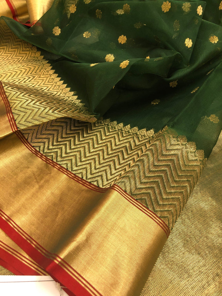 Pine Green Color Chanderi Banarasi Silk Saree