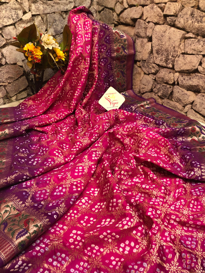 Pink and Purple Color Dupion Silk Saree with Paithani Design & Bandhej Work