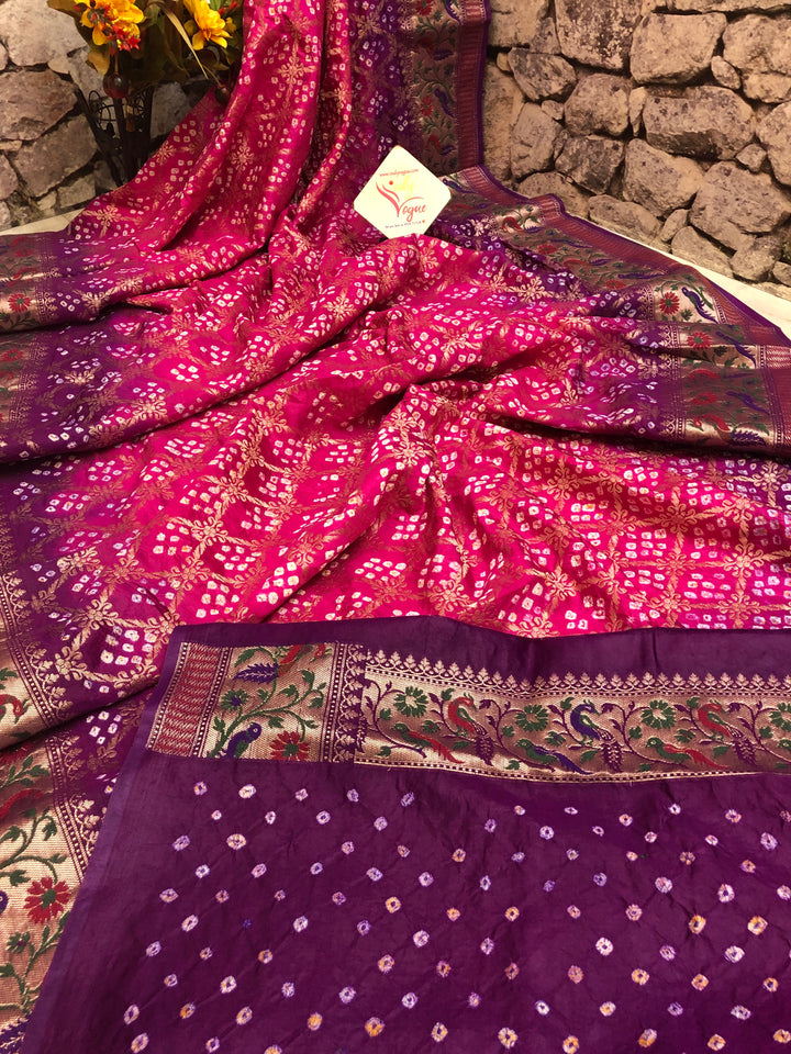 Pink and Purple Color Dupion Silk Saree with Paithani Design & Bandhej Work
