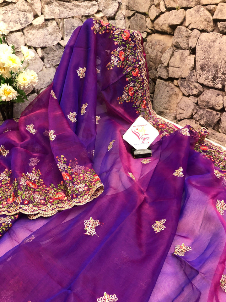 Pink and Purple Dual Tone Resham Handloom Saree with Machine Embroidery and Meenakari Work