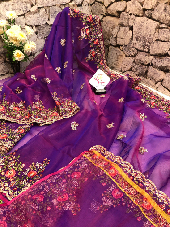 Pink and Purple Dual Tone Resham Handloom Saree with Machine Embroidery and Meenakari Work