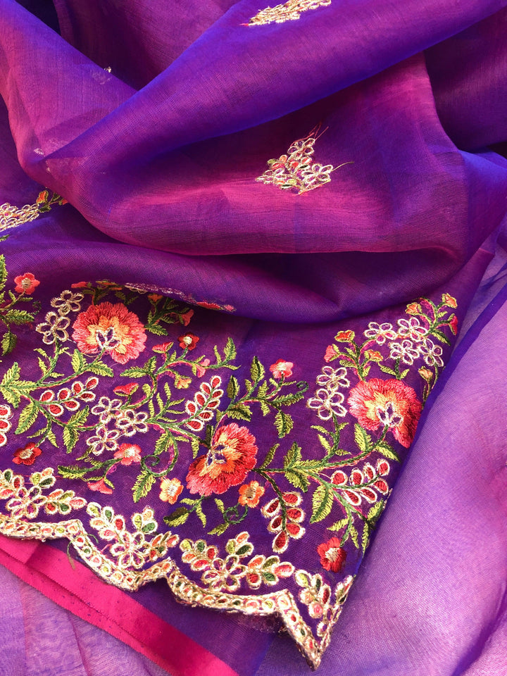 Pink and Purple Dual Tone Resham Handloom Saree with Machine Embroidery and Meenakari Work