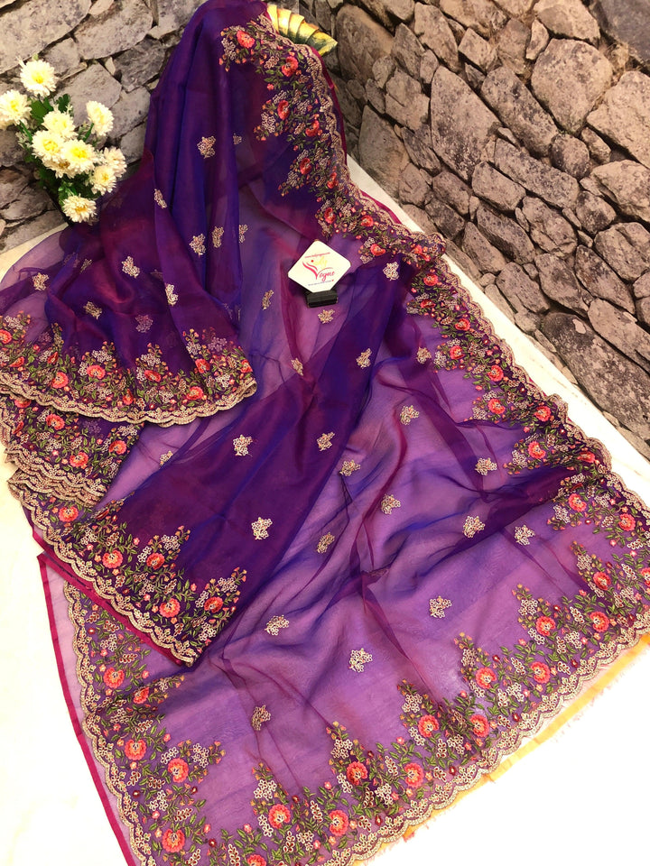 Pink and Purple Dual Tone Resham Handloom Saree with Machine Embroidery and Meenakari Work