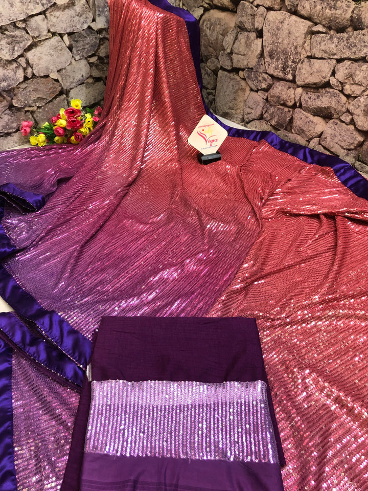 Plum Purple and Red Color Designer Net Saree with Sequin Weaving