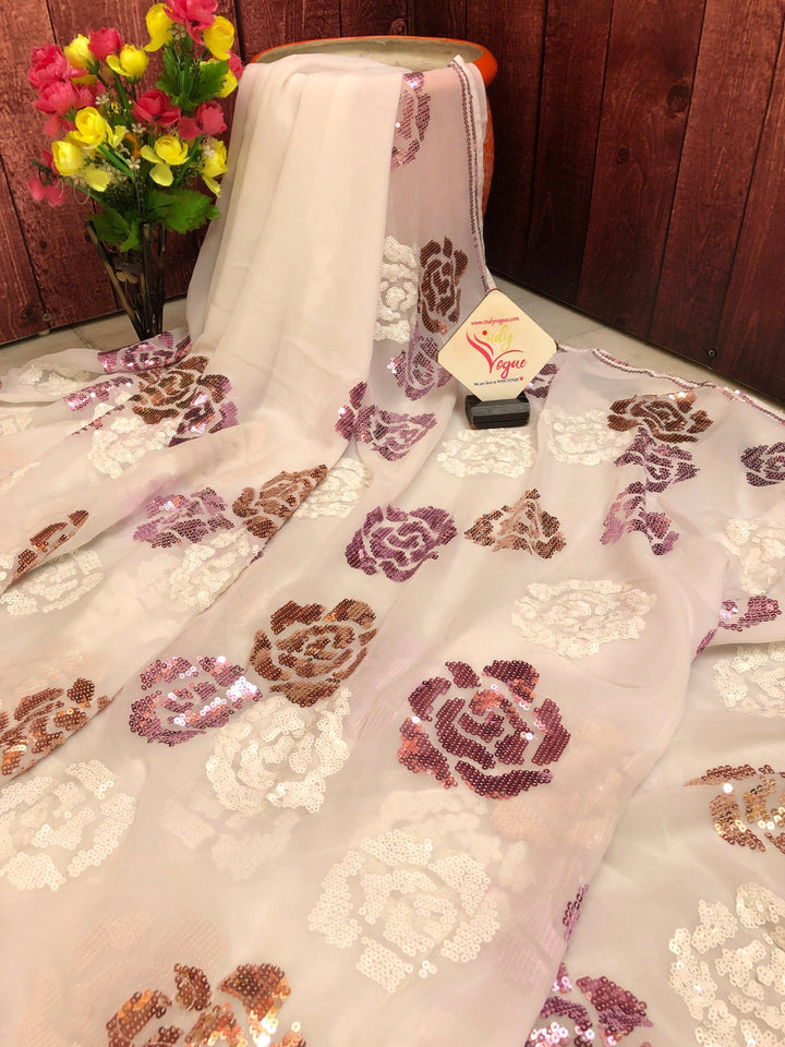 Powder White Color Designer Georgette Sequin Saree
