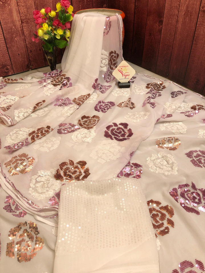 Powder White Color Designer Georgette Sequin Saree