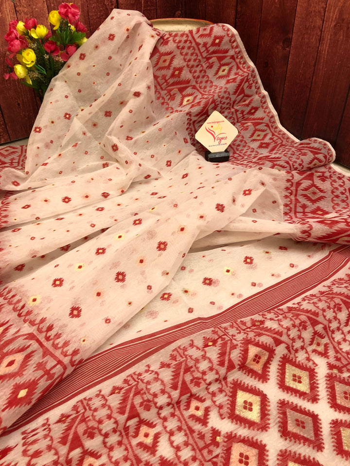 Powder White & Red Color Jamdani Saree