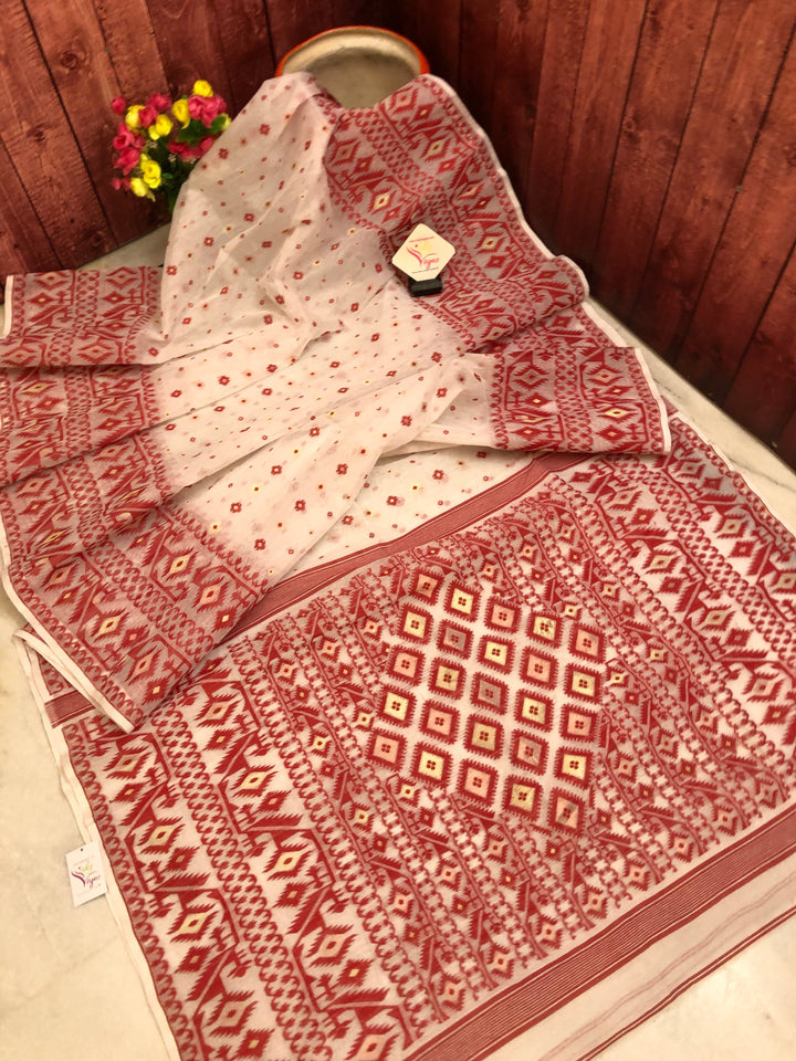Powder White & Red Color Jamdani Saree