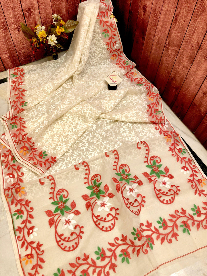 Pure Milk White and Red Color Jamdani Saree with Allover Work