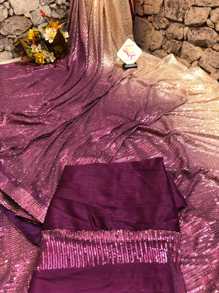 Purple and Butter Color Two Shade Designer Net Saree with Sequin Work