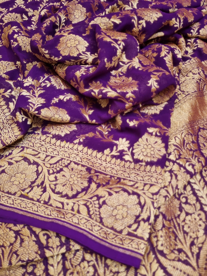 Purple Color Pure Georgette Khaddi Banarasi Saree Zari Work