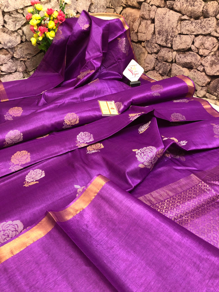 Purple Color Pure Tussar Silk Saree with Golden Buti Work