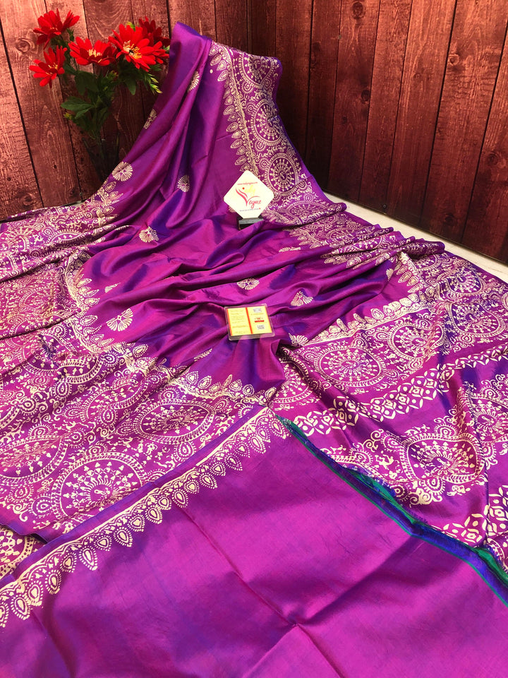 Purple Magenta Color Katan Bishnupuri Silk Saree with Block Print