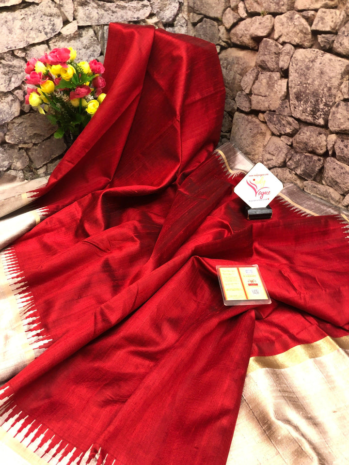 Red and Ash Color Pure Raw Silk Saree