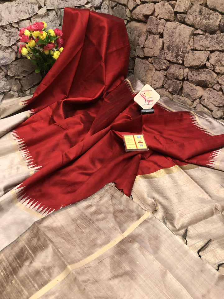 Red and Ash Color Pure Raw Silk Saree