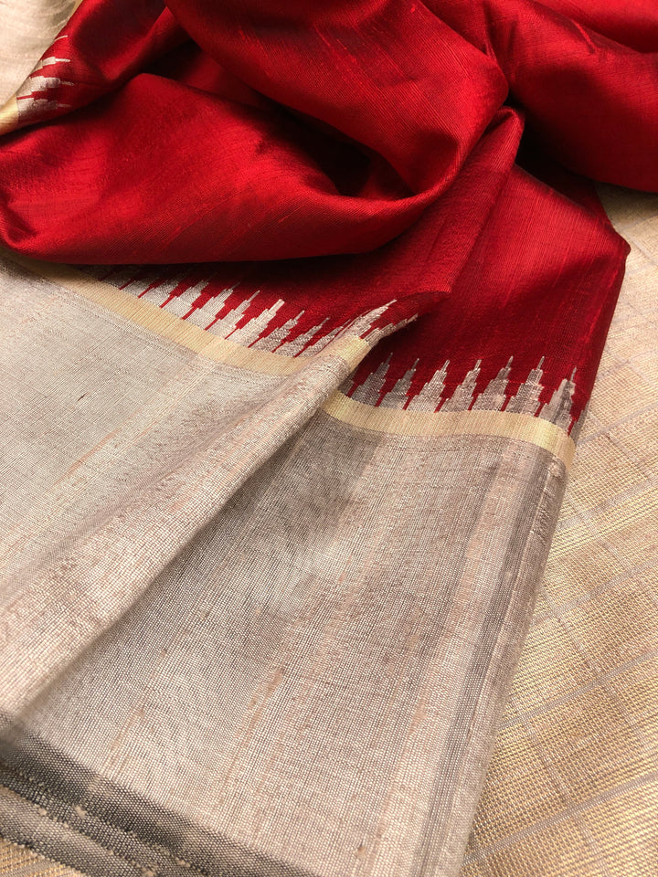 Red and Ash Color Pure Raw Silk Saree