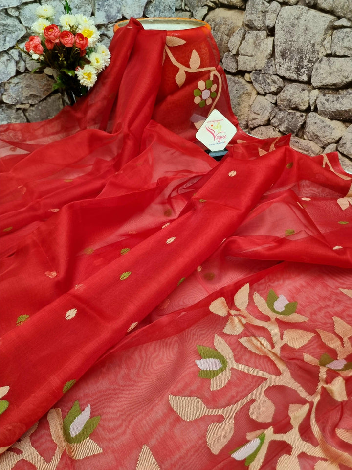 Red Color Muslin Jamdani Saree with Tissue Banarasi Blouse Piece