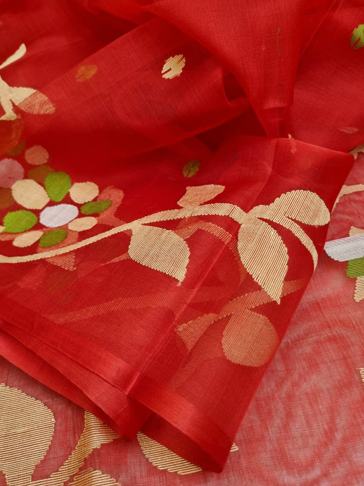 Red Color Muslin Jamdani Saree with Tissue Banarasi Blouse Piece