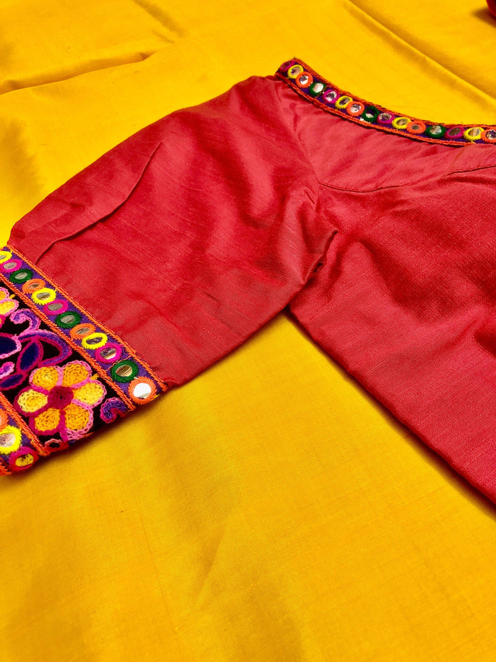 Red Color Puff Sleeved Raw Silk Blouse with Kathiawadi Border
