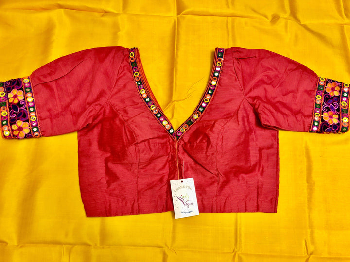 Red Color Puff Sleeved Raw Silk Blouse with Kathiawadi Border