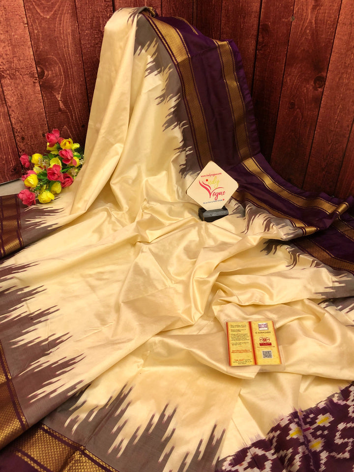 Rich Cream Color Pure Ikat Silk Saree