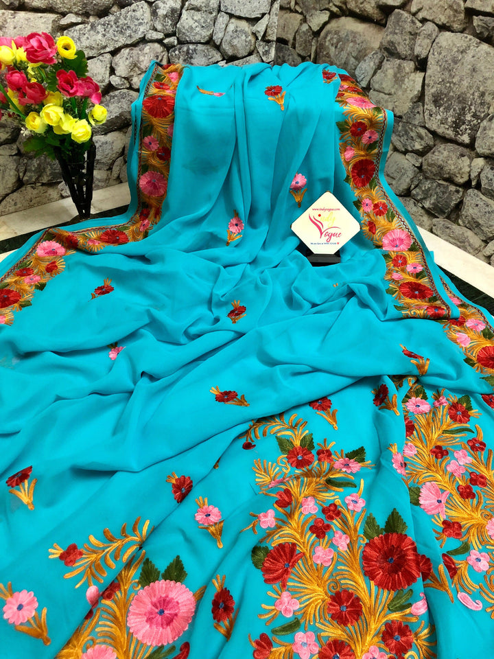 Robin's Egg Blue Color Georgette Saree with Kashmiri Embroidery Work