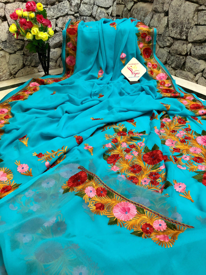 Robin's Egg Blue Color Georgette Saree with Kashmiri Embroidery Work