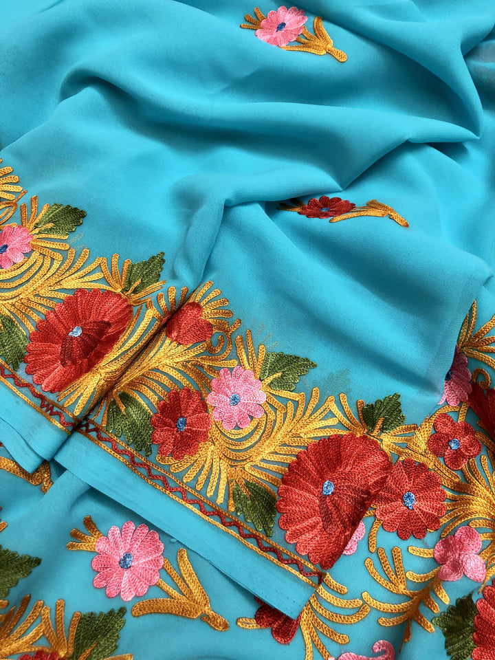 Robin's Egg Blue Color Georgette Saree with Kashmiri Embroidery Work