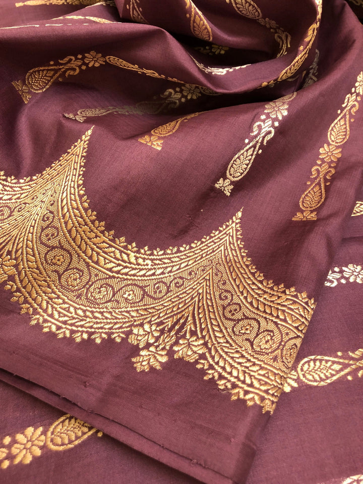 Rosy Brown Color Pure Katan Banarasi Saree with Silver & Golden Zari Work