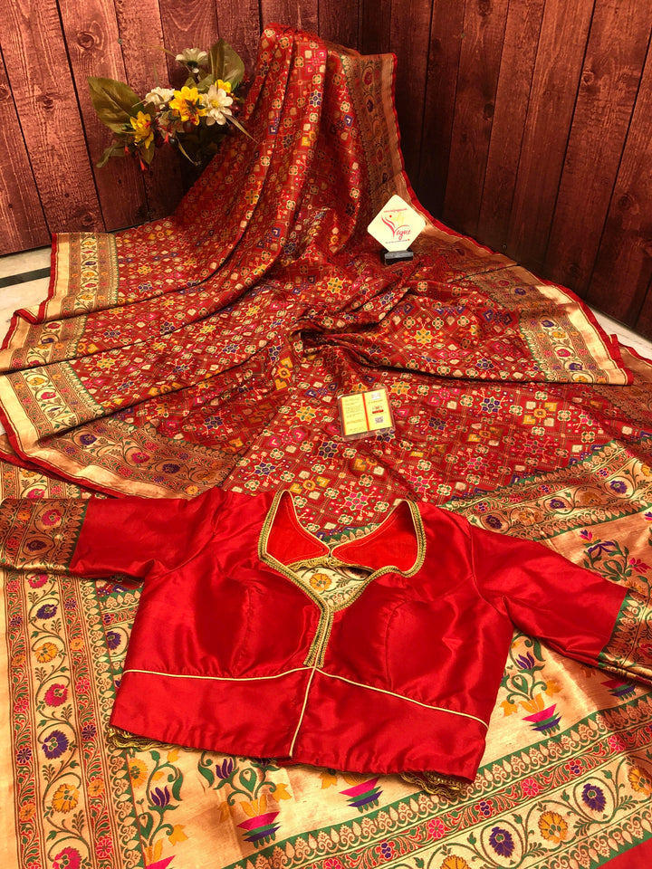 Royal Red Color Banarasi Saree with Patola Work and Paithani Style Pallu