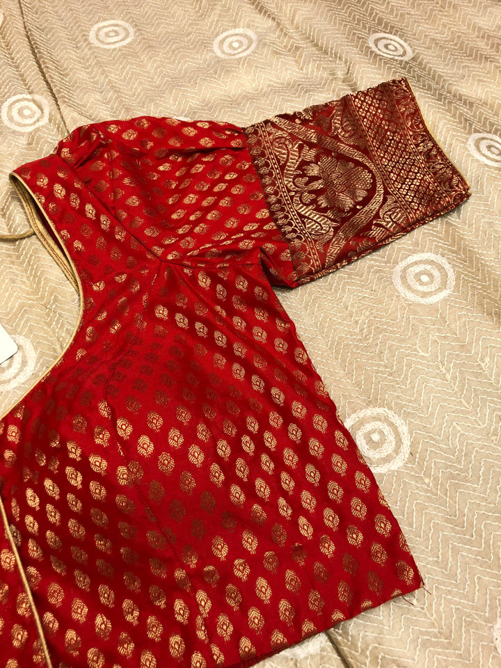 Royal Red Color Designer Chanderi Blouse with Puff Sleeves