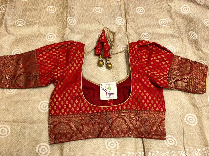 Royal Red Color Designer Chanderi Blouse with Puff Sleeves