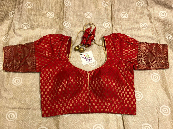 Royal Red Color Designer Chanderi Blouse with Puff Sleeves