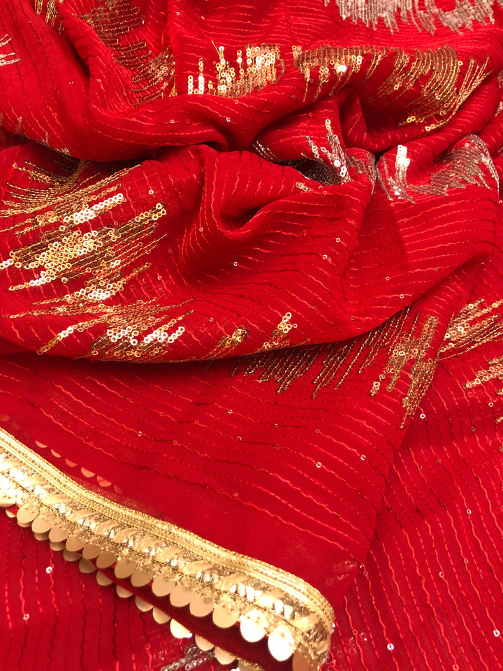 Royal Red Color Designer Georgette Saree with Sequin & Golden Zari Lace Border