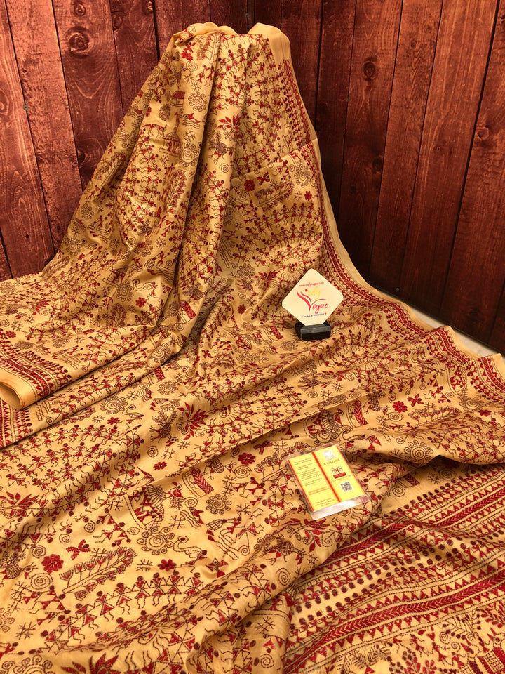 Sandalwood Color Pure Bangalore Silk with Worli Kantha Stitch
