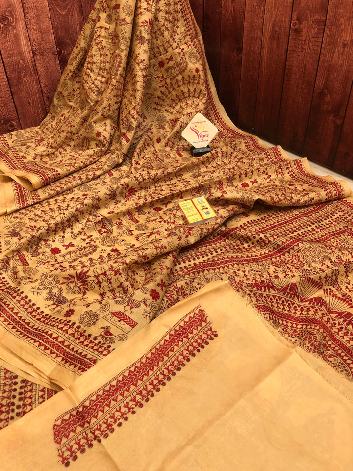 Sandalwood Color Pure Bangalore Silk with Worli Kantha Stitch