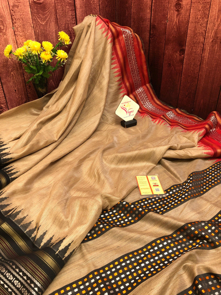 Sandalwood Color Pure Tussar Silk Saree with Vidarbha and Ganga Jamuna Border