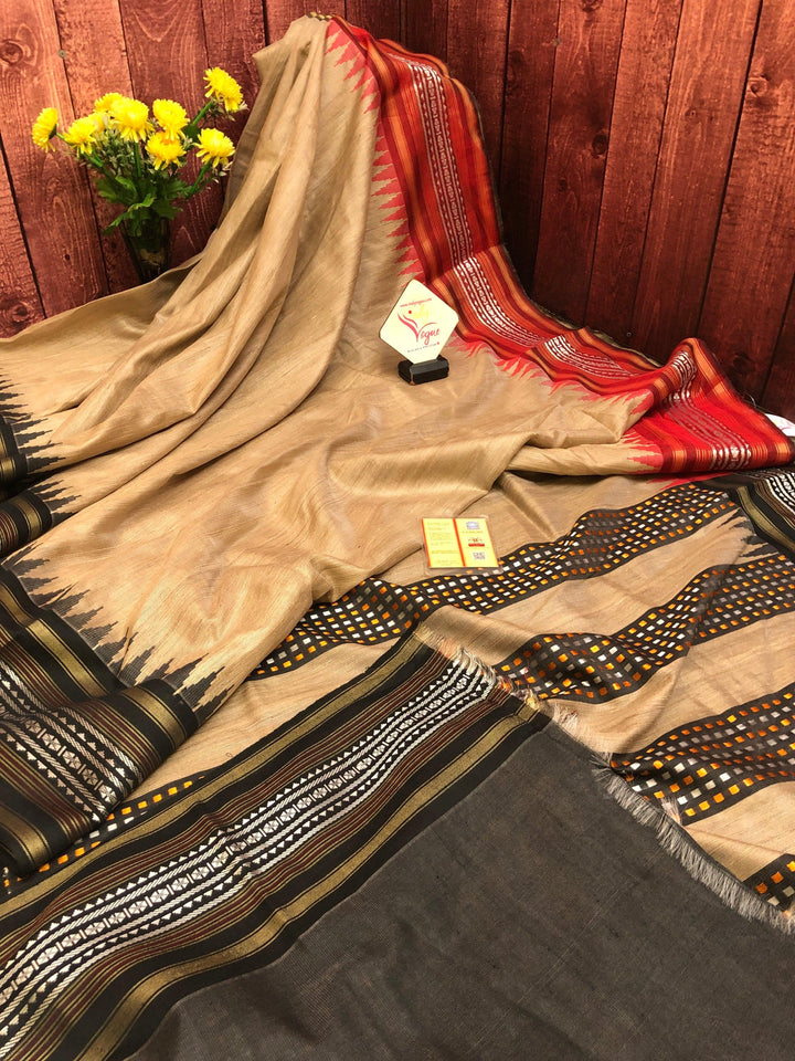 Sandalwood Color Pure Tussar Silk Saree with Vidarbha and Ganga Jamuna Border