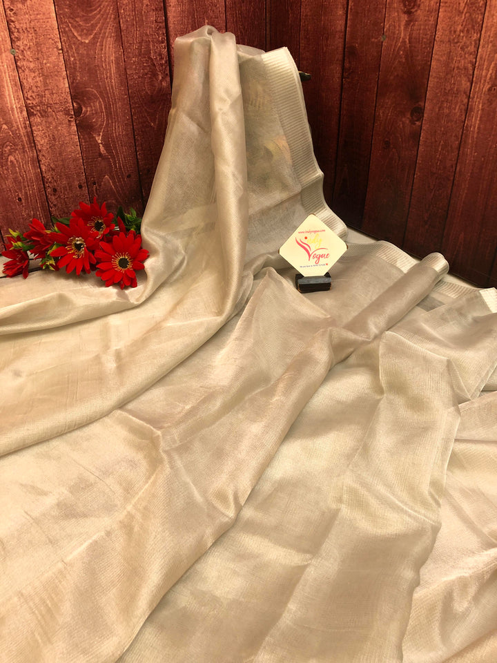 Silver Color Designer Tissue Silk Saree with Zari Check